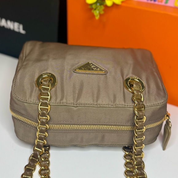 Auth PRADA Triangle Logo Tessuto Nylon Brown Chain Shoulder - Picture 6 of 17